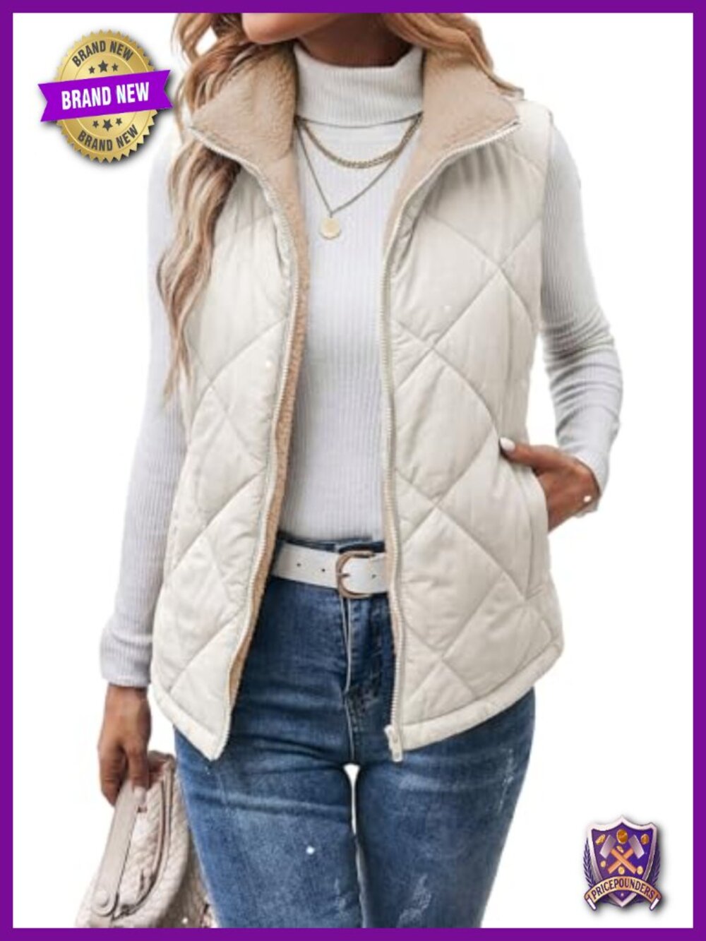 Sherpa Fleece Quilted Puffer Vest Stand Collar Zip Up Sleeveless Jacket